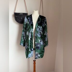 Eva Franco Green Floral Velvet Coat, Pockets, Size XS